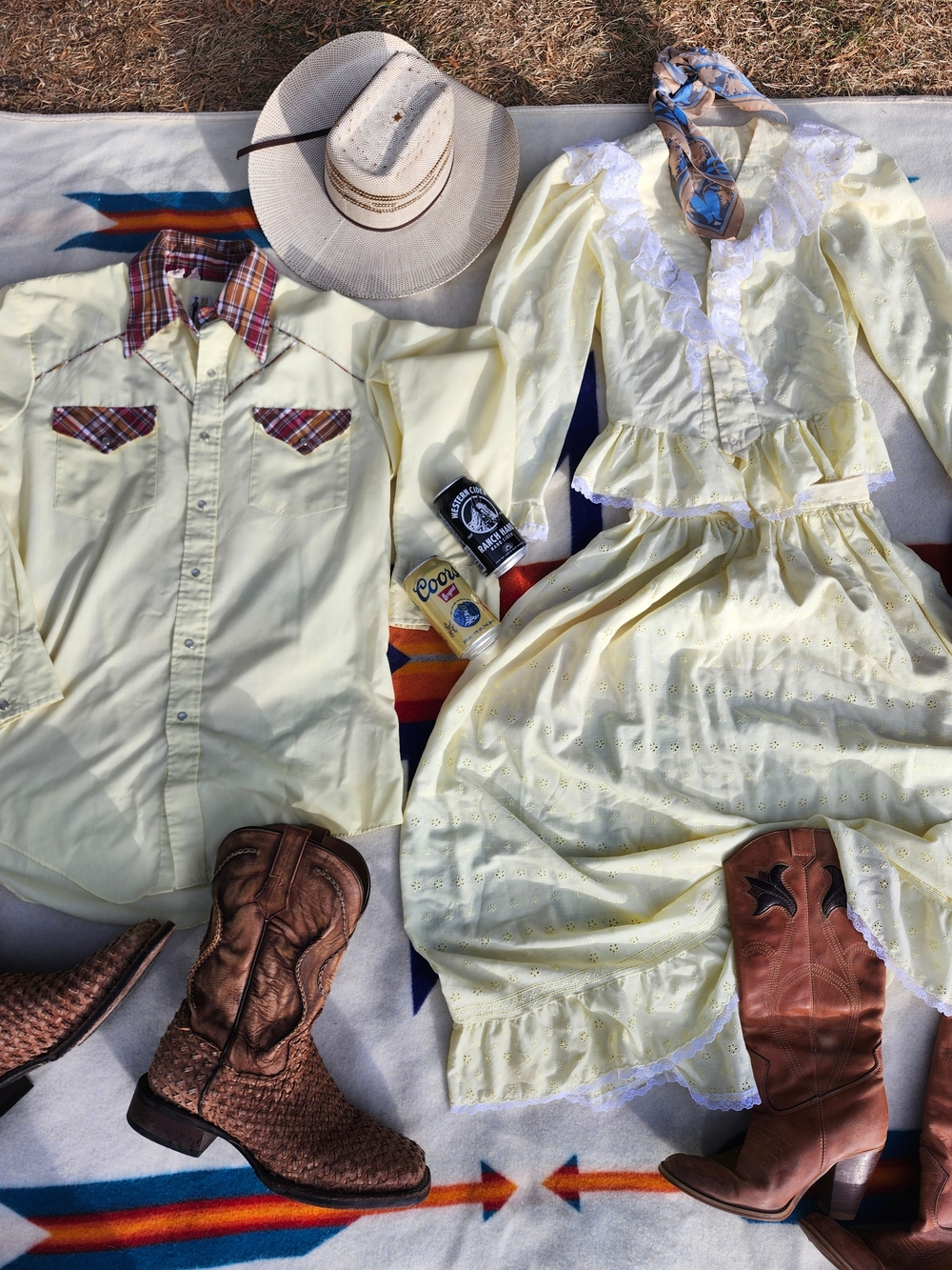 Vintage Pale Yellow Eyelet Long-Sleeve Peplum Dress with White Lace DOLLY - Picture 2 of 6